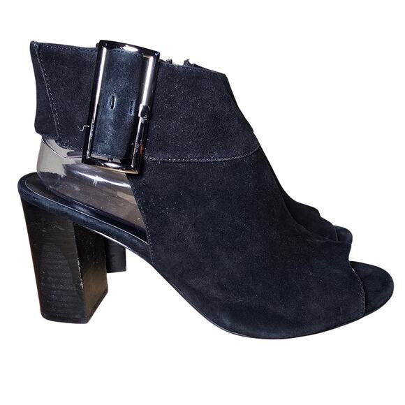 Vaneli Black Peep Toe Block Heel Suede Leather Buckle Ankle Booties Sz 9.5 - Picture 3 of 8